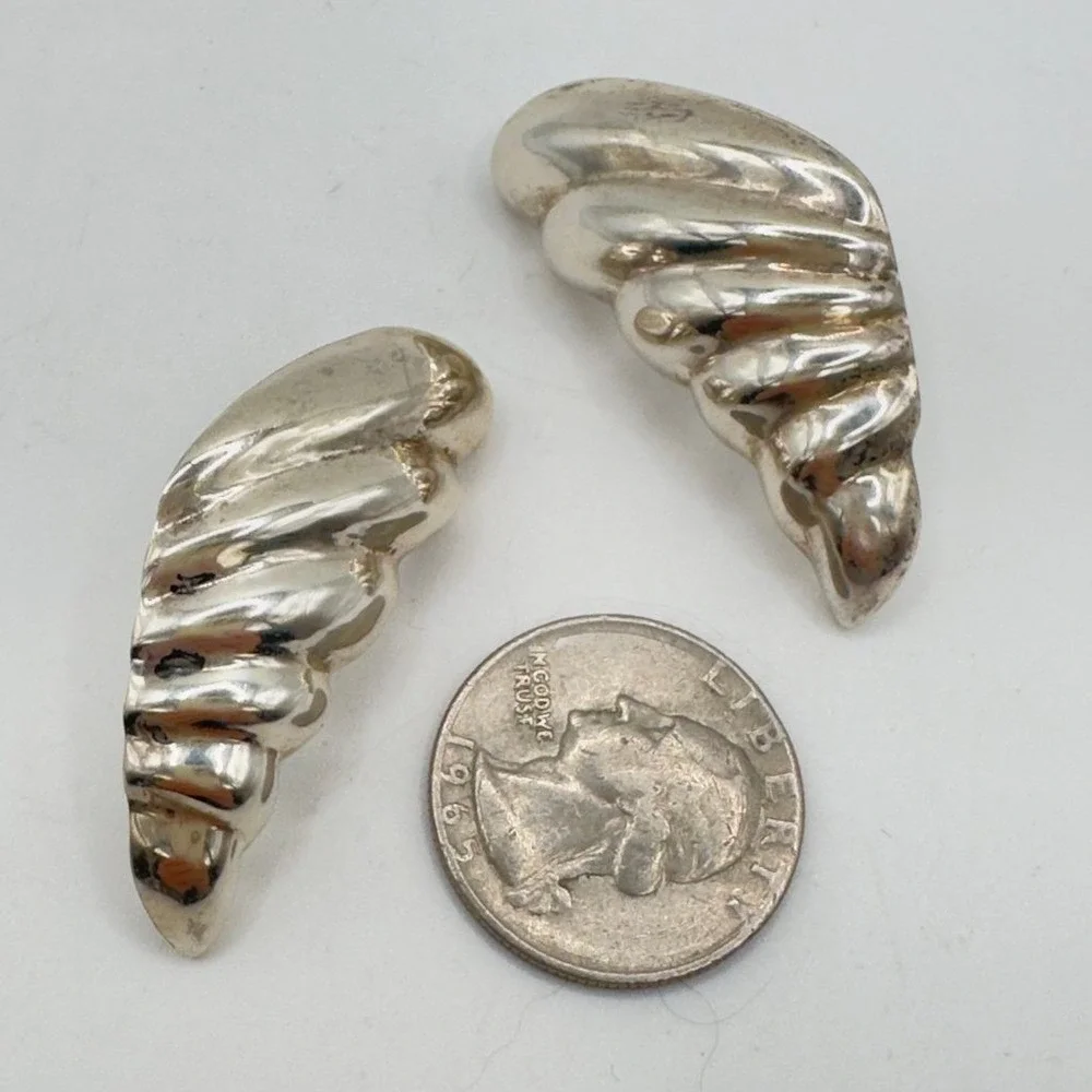 Vintage Sterling Silver Earrings Pierced Puffy Shell Modernist Style 1.75 In 80s